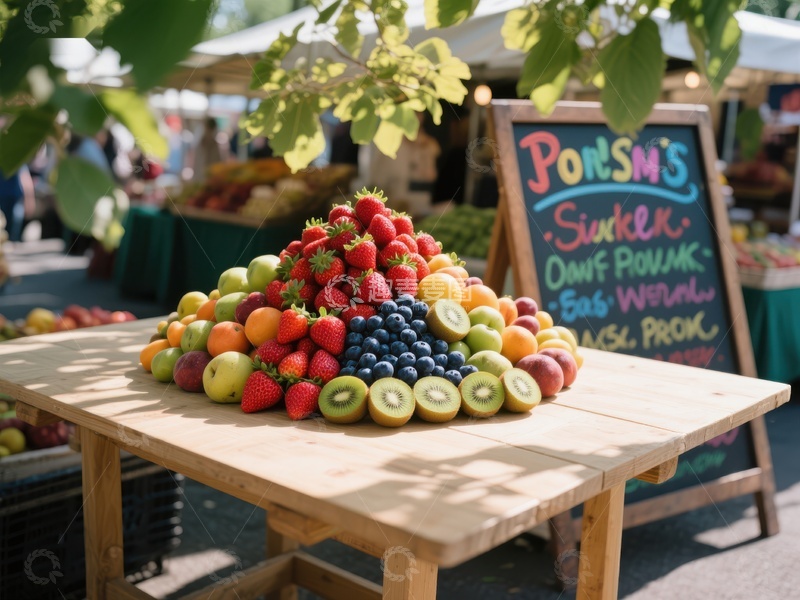 高清大图下载【趣麦麦图】新鲜水果堆叠展示于户外市场
