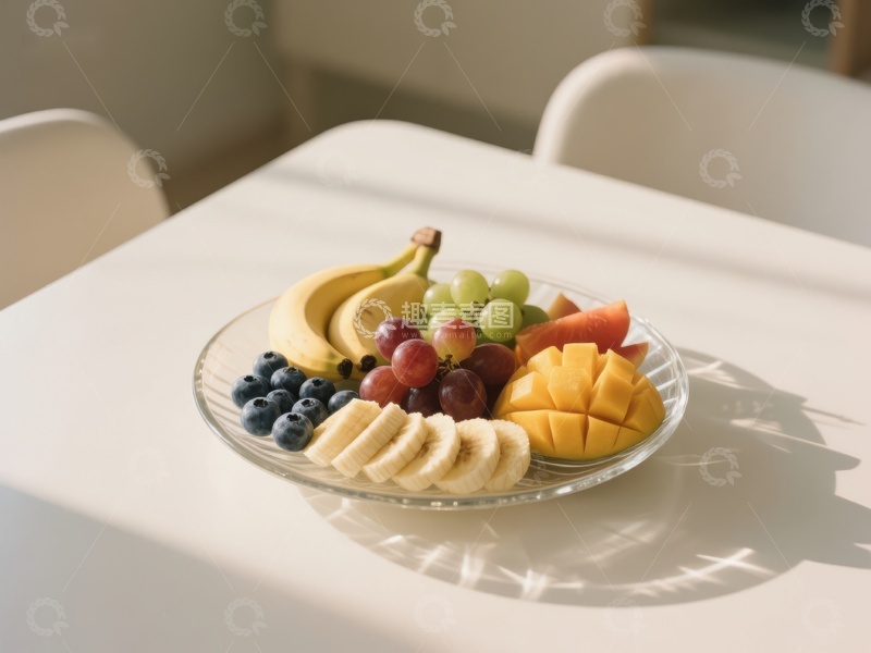 高清大图下载【趣麦麦图】新鲜水果拼盘，阳光洒落餐桌