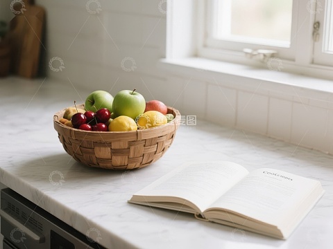 厨房台面的水果篮与打开的书