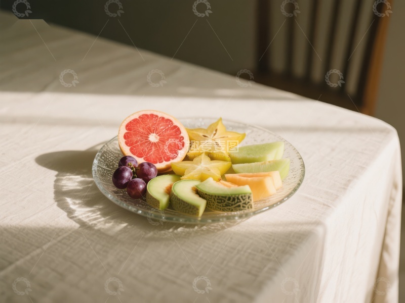 高清大图下载【趣麦麦图】新鲜水果拼盘置于餐桌之上