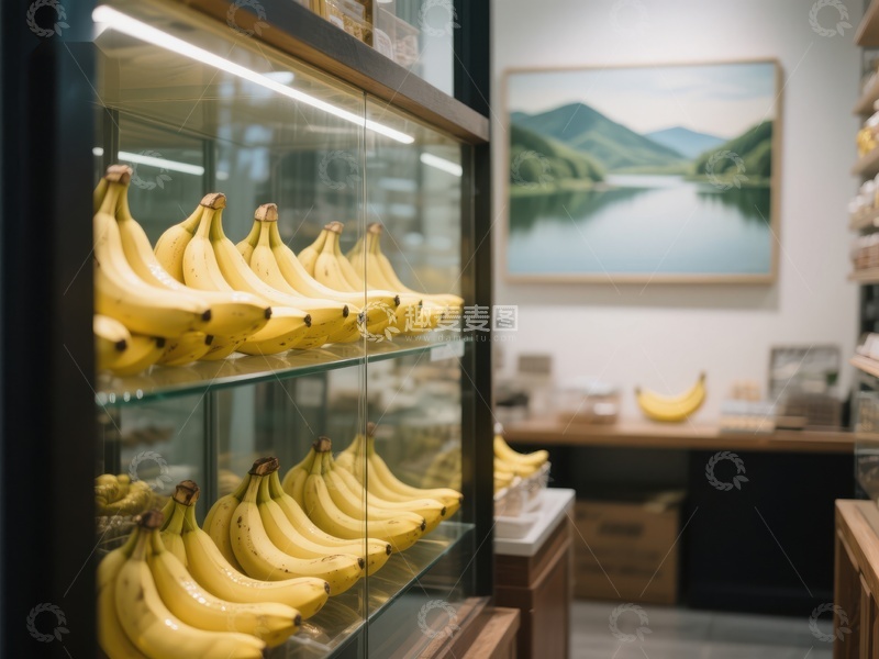 高清大图下载【趣麦麦图】展示柜中的香蕉与山水画背景