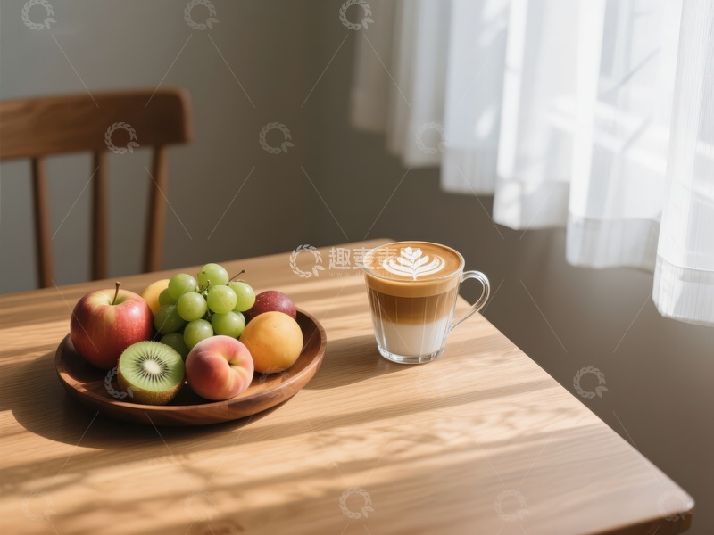 高清大图下载【趣麦麦图】木桌上的水果盘与咖啡杯