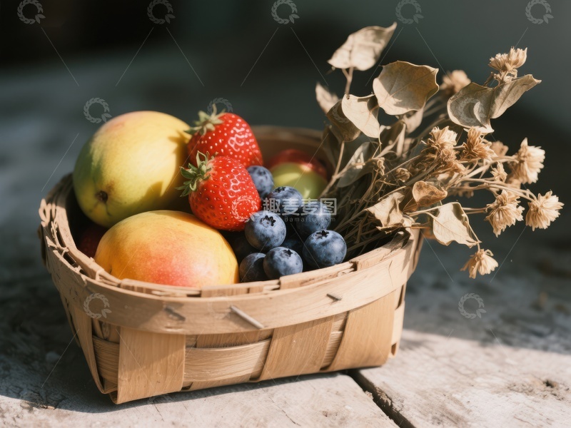 高清大图下载【趣麦麦图】篮子里的水果与干花