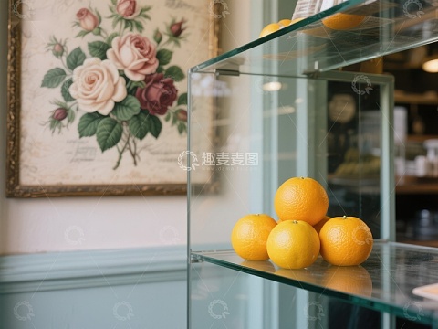 玻璃柜中的橙子与花卉画