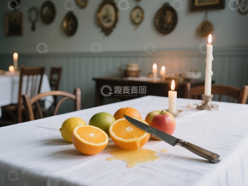 高清大图下载【趣麦麦图】复古餐桌上的水果与烛光