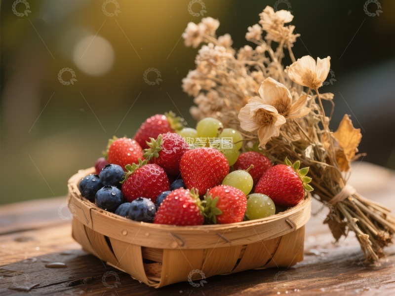 高清大图下载【趣麦麦图】篮子里的新鲜水果与干花