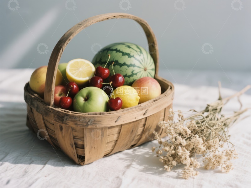 高清大图下载【趣麦麦图】篮子里的水果与干花