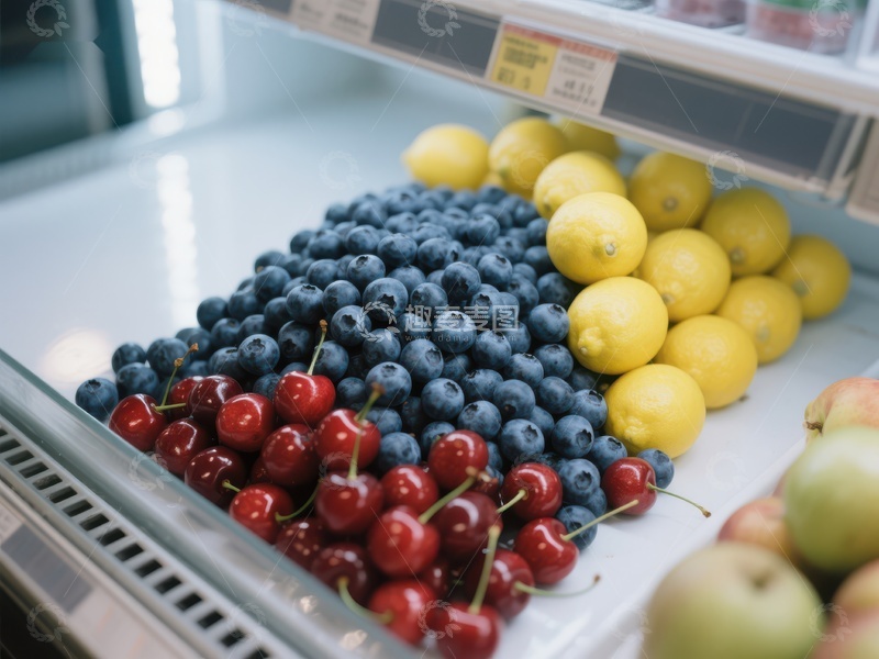 高清大图下载【趣麦麦图】超市水果展示：蓝莓、樱桃与柠檬