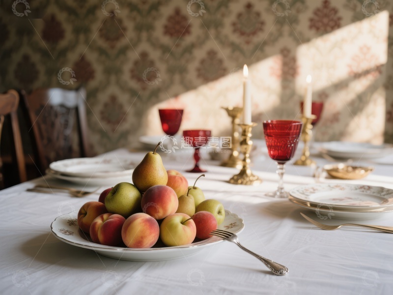 高清大图下载【趣麦麦图】餐桌上的水果与烛光
