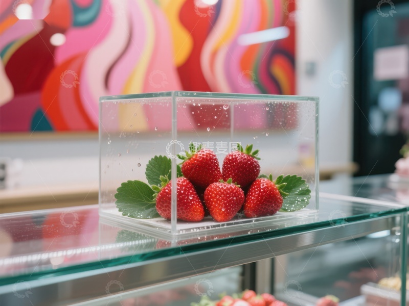 高清大图下载【趣麦麦图】新鲜草莓展示于透明容器中