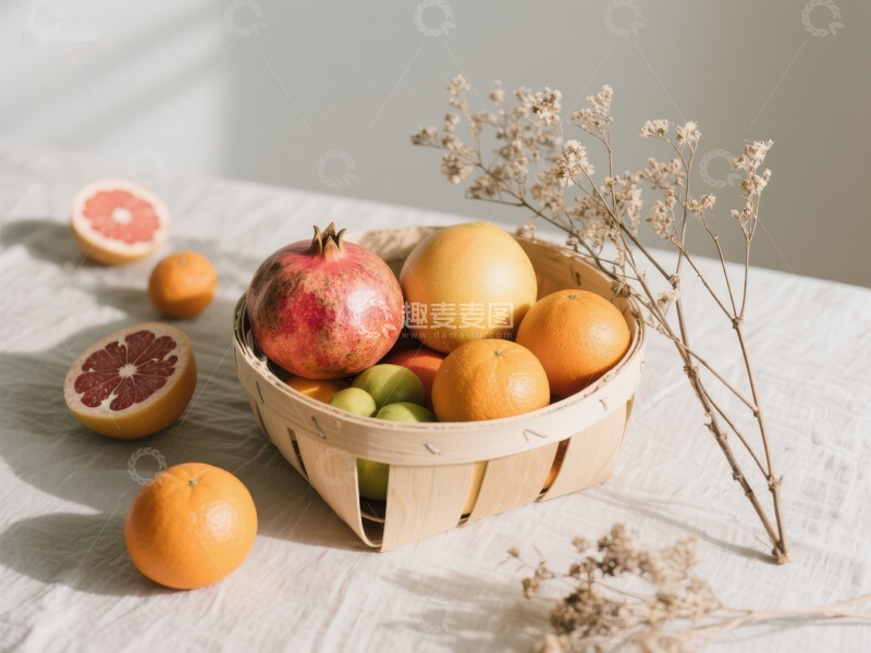 高清大图下载【趣麦麦图】水果篮与干花的静物组合
