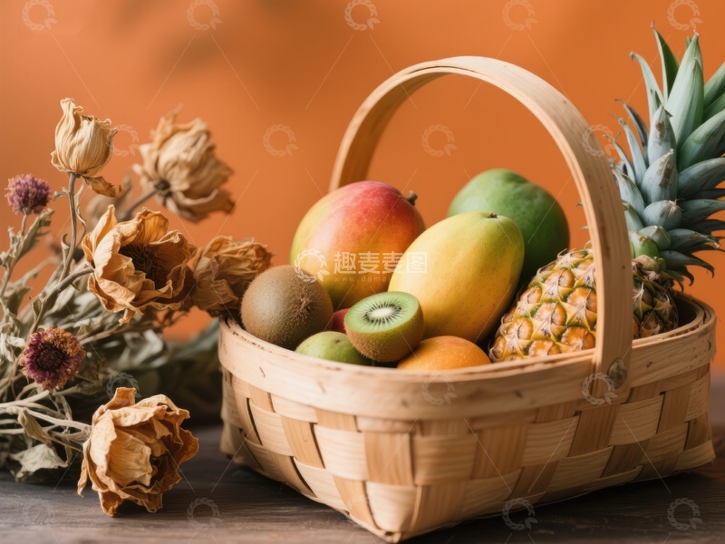 高清大图下载【趣麦麦图】竹篮盛满热带水果与干花