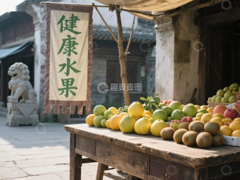 高清大图下载【趣麦麦图】街头水果摊，健康水果标语醒目