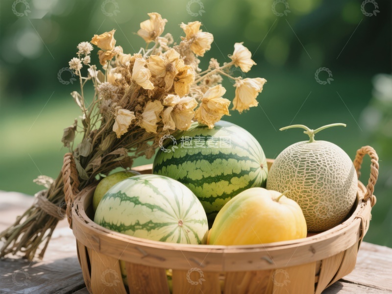 高清大图下载【趣麦麦图】篮中西瓜与甜瓜，配以干花装饰