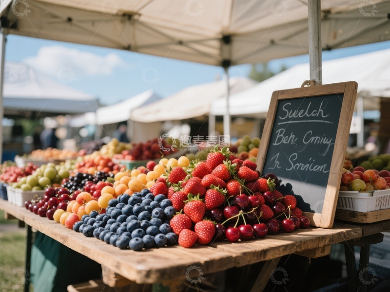 高清大图下载【趣麦麦图】新鲜水果摊位，色彩缤纷的浆果展示