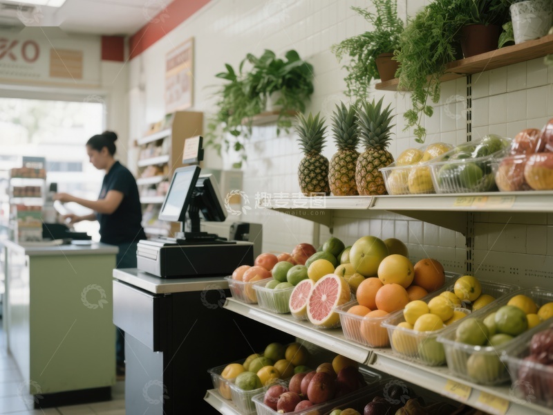 高清大图下载【趣麦麦图】水果货架与收银台的便利店场景