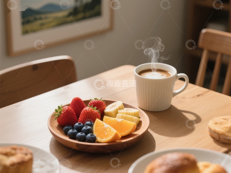 高清大图下载【趣麦麦图】温馨早餐：热咖啡与新鲜水果