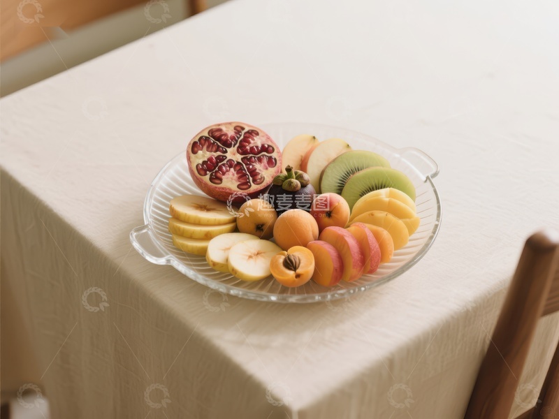 高清大图下载【趣麦麦图】新鲜水果拼盘，摆放在白色桌布上