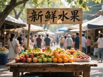 新鲜水果摊位，市场热闹景象