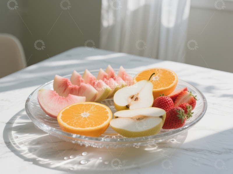 高清大图下载【趣麦麦图】新鲜水果拼盘，阳光洒落桌面