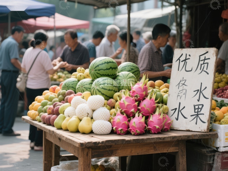 市场摊位展示新鲜水果