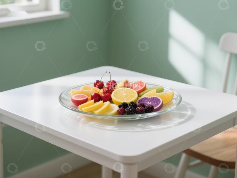 高清大图下载【趣麦麦图】色彩缤纷的水果拼盘置于白色餐桌