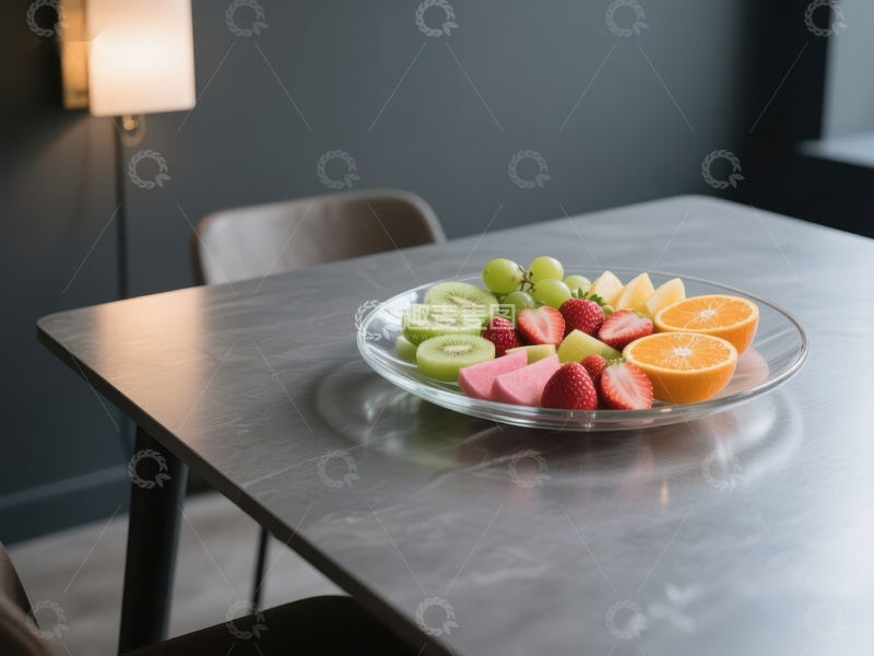 高清大图下载【趣麦麦图】水果拼盘置于现代餐桌之上