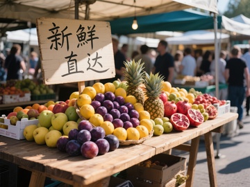新鲜水果摊位，色彩斑斓的市场一角
