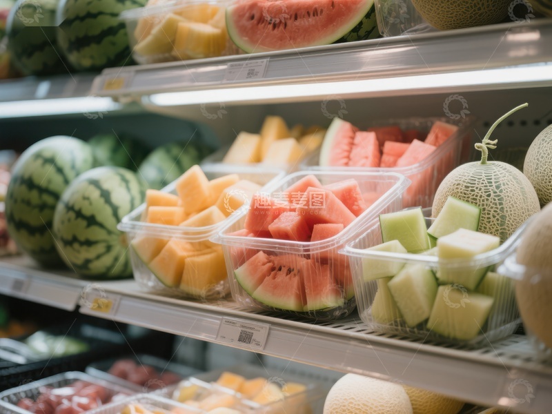 高清大图下载【趣麦麦图】超市货架上的新鲜切块水果