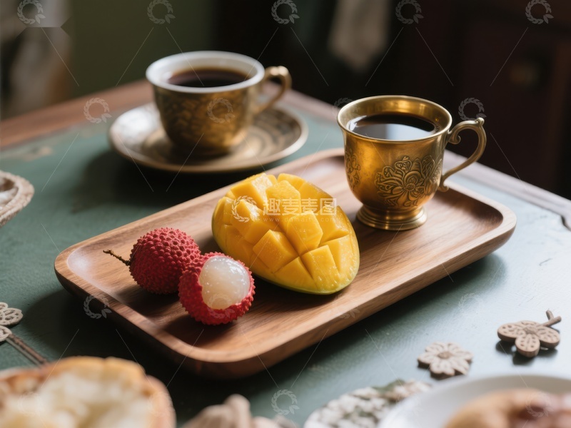 高清大图下载【趣麦麦图】金色茶杯与热带水果的静谧时光