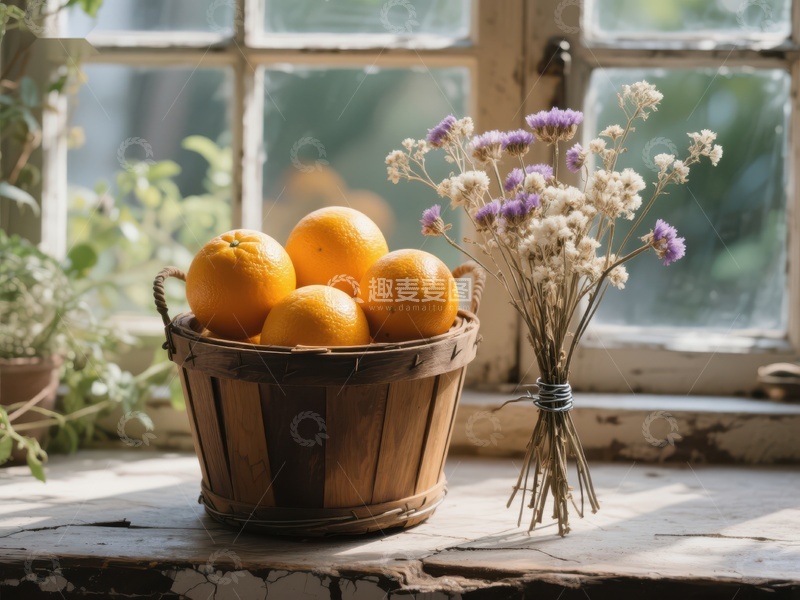 高清大图下载【趣麦麦图】窗边的橙子与干花