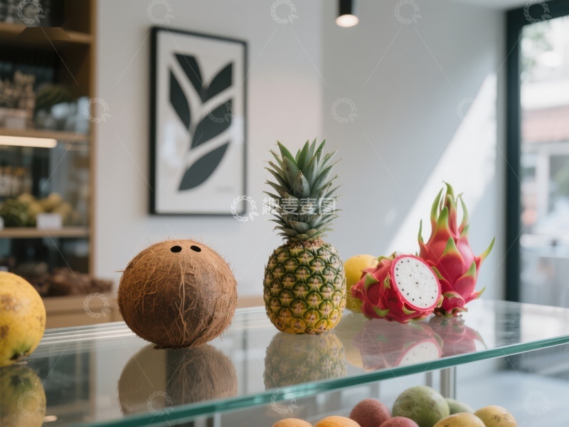 高清大图下载【趣麦麦图】热带水果展示在玻璃桌上