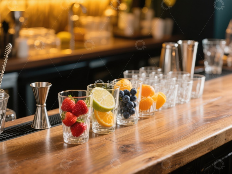 高清大图下载【趣麦麦图】吧台上的新鲜水果与饮品准备