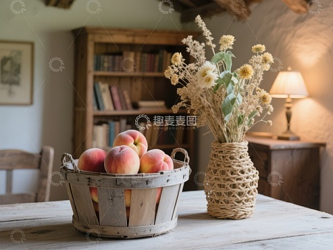 木篮桃子与干花装饰