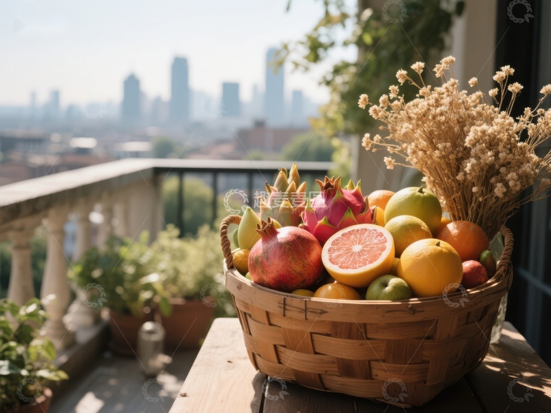 高清大图下载【趣麦麦图】阳台上的水果篮与城市远景