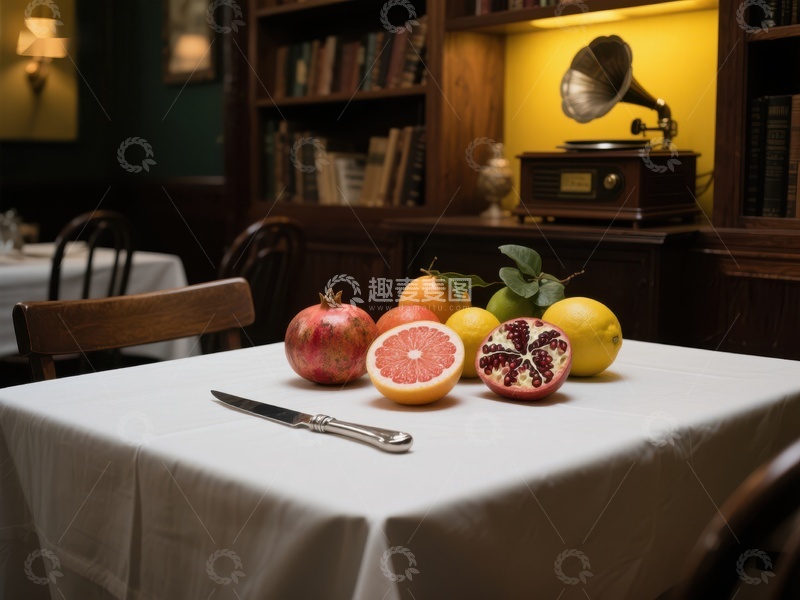 高清大图下载【趣麦麦图】复古书房中的水果静物