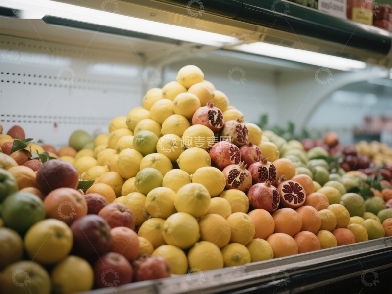 高清大图下载【趣麦麦图】超市水果区的橙子与石榴堆叠