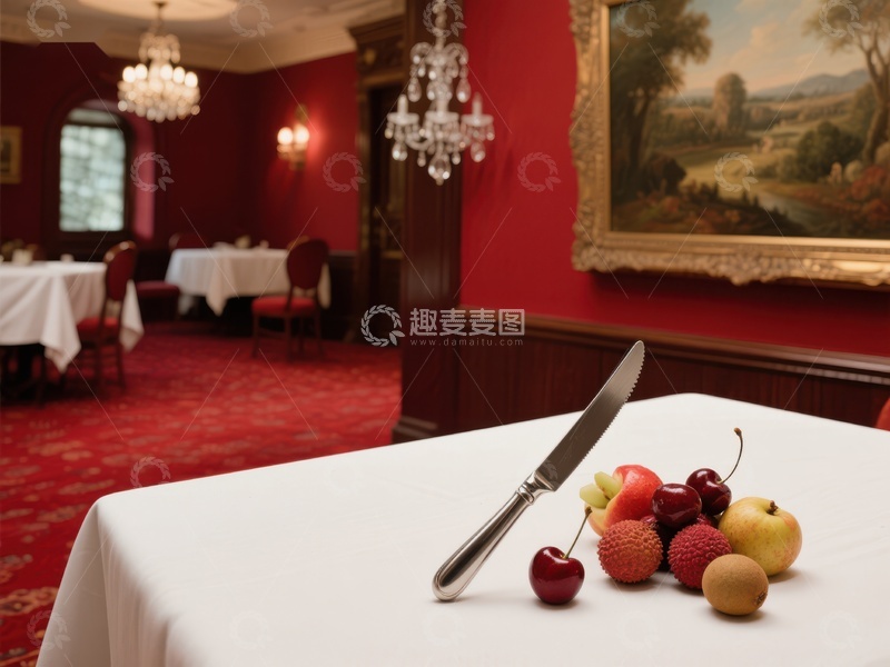 高清大图下载【趣麦麦图】餐桌上的水果与刀具，古典餐厅环境