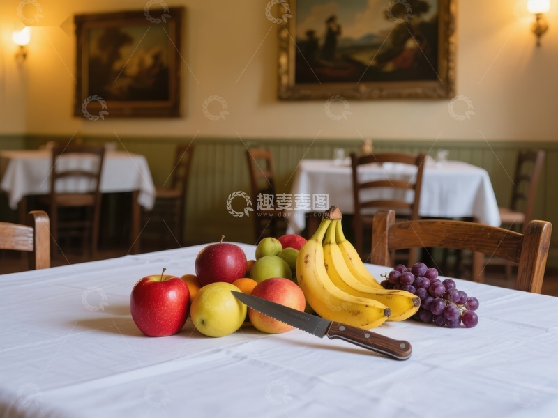 高清大图下载【趣麦麦图】餐厅桌上摆放的水果与刀具