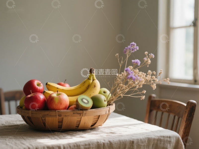 高清大图下载【趣麦麦图】水果篮与干花置于餐桌之上