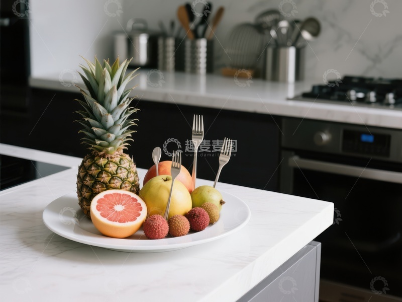 高清大图下载【趣麦麦图】厨房岛台上摆放的热带水果盘