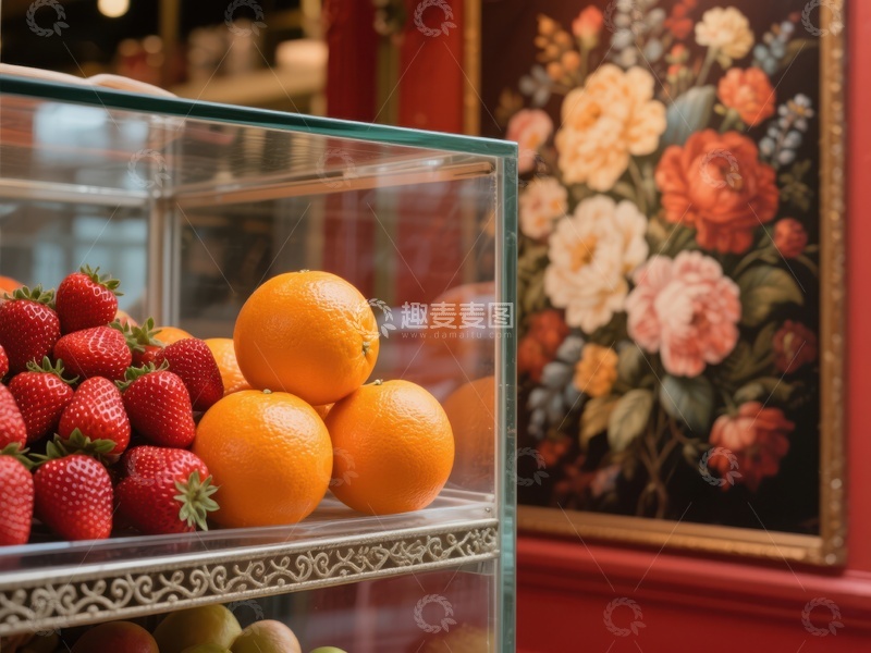 高清大图下载【趣麦麦图】新鲜水果陈列柜与花卉画作