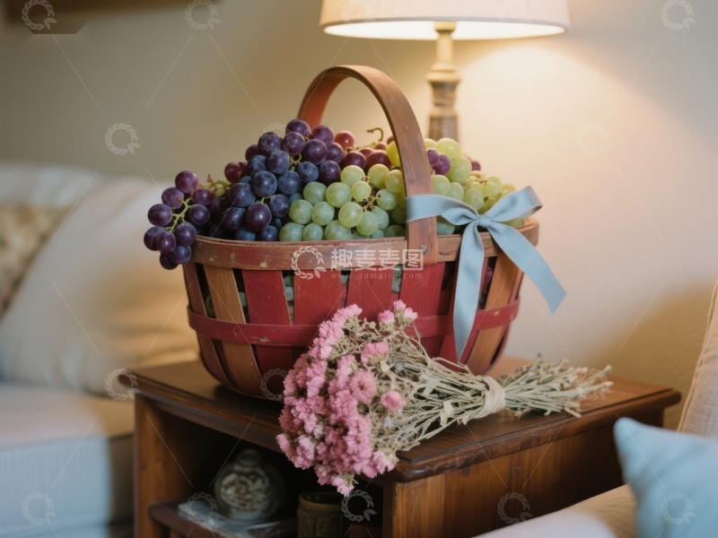 高清大图下载【趣麦麦图】装满葡萄的篮子与粉色花朵