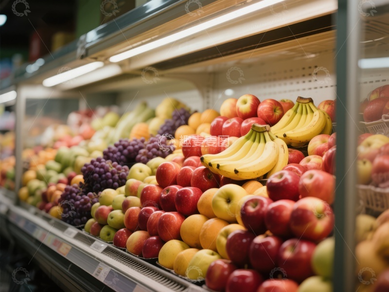 高清大图下载【趣麦麦图】超市水果区展示新鲜苹果香蕉葡萄