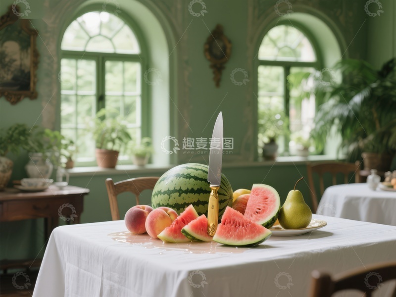 高清大图下载【趣麦麦图】餐桌上的西瓜与水果