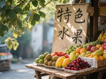 特色水果摊位，新鲜果品琳琅满目
