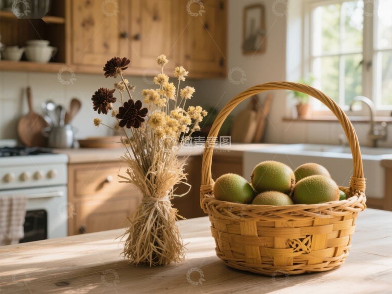 高清大图下载【趣麦麦图】厨房桌上的干花与水果篮