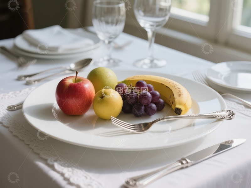 高清大图下载【趣麦麦图】餐桌上的水果盘与餐具