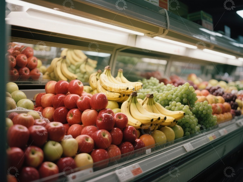 高清大图下载【趣麦麦图】超市水果区展示新鲜苹果香蕉葡萄