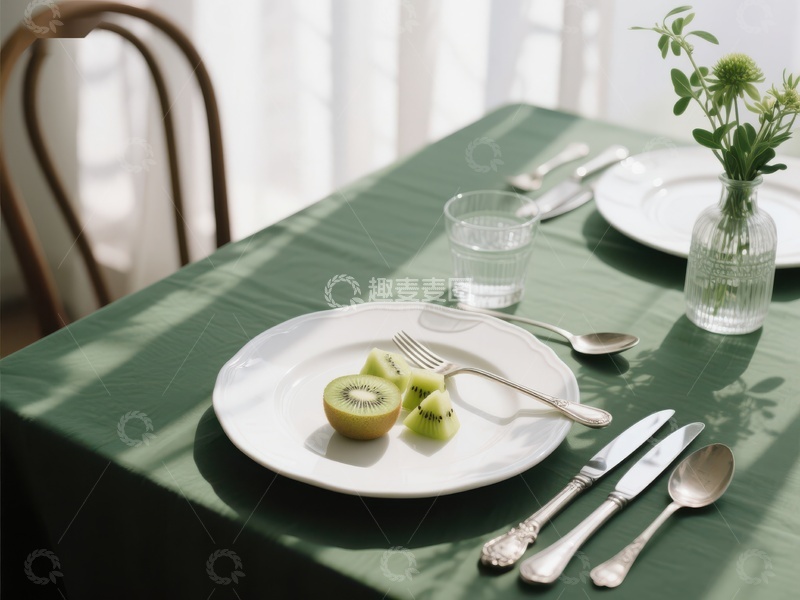 高清大图下载【趣麦麦图】绿色桌布上的精致早餐